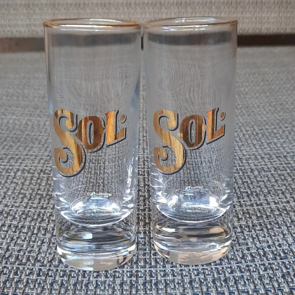 Sol Tall Shot Glasses Tequila Pair Set of 2 Gold Rimmed 4.25" - Picture 1 of 1